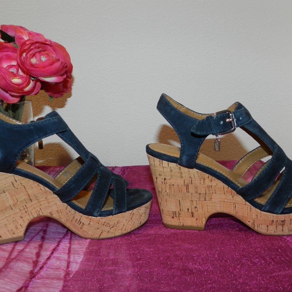Coach Kennedy Platform Wedge Suede Sandals Size 6 Midnight Navy - Picture 6 of 11
